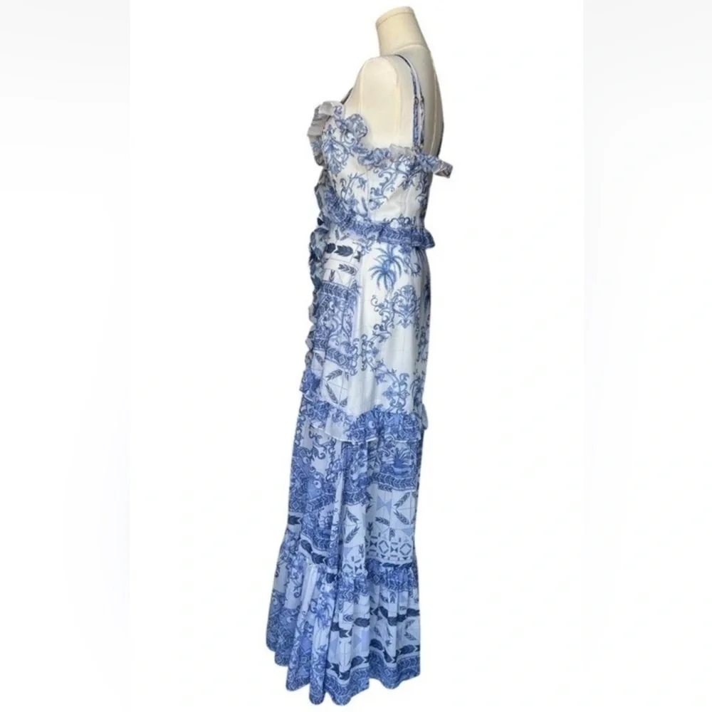 PatBO Amalfi Convertible White/Blue Printed Ruffle Chiffon Maxi Dress Size XS